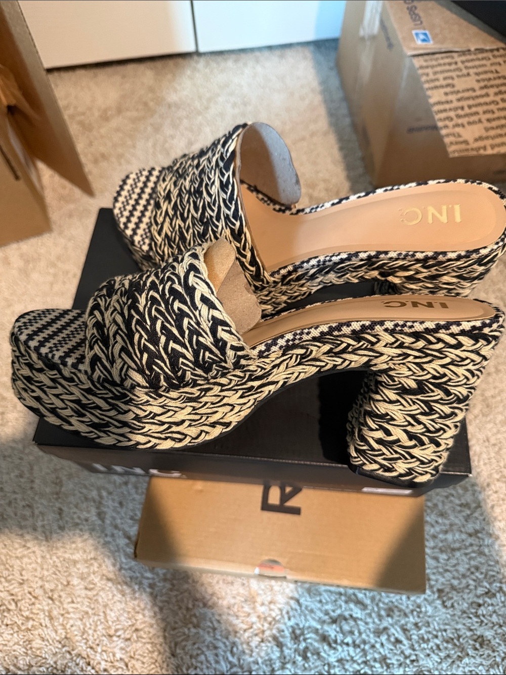 INC Black & Cream Braided Platform Sandal